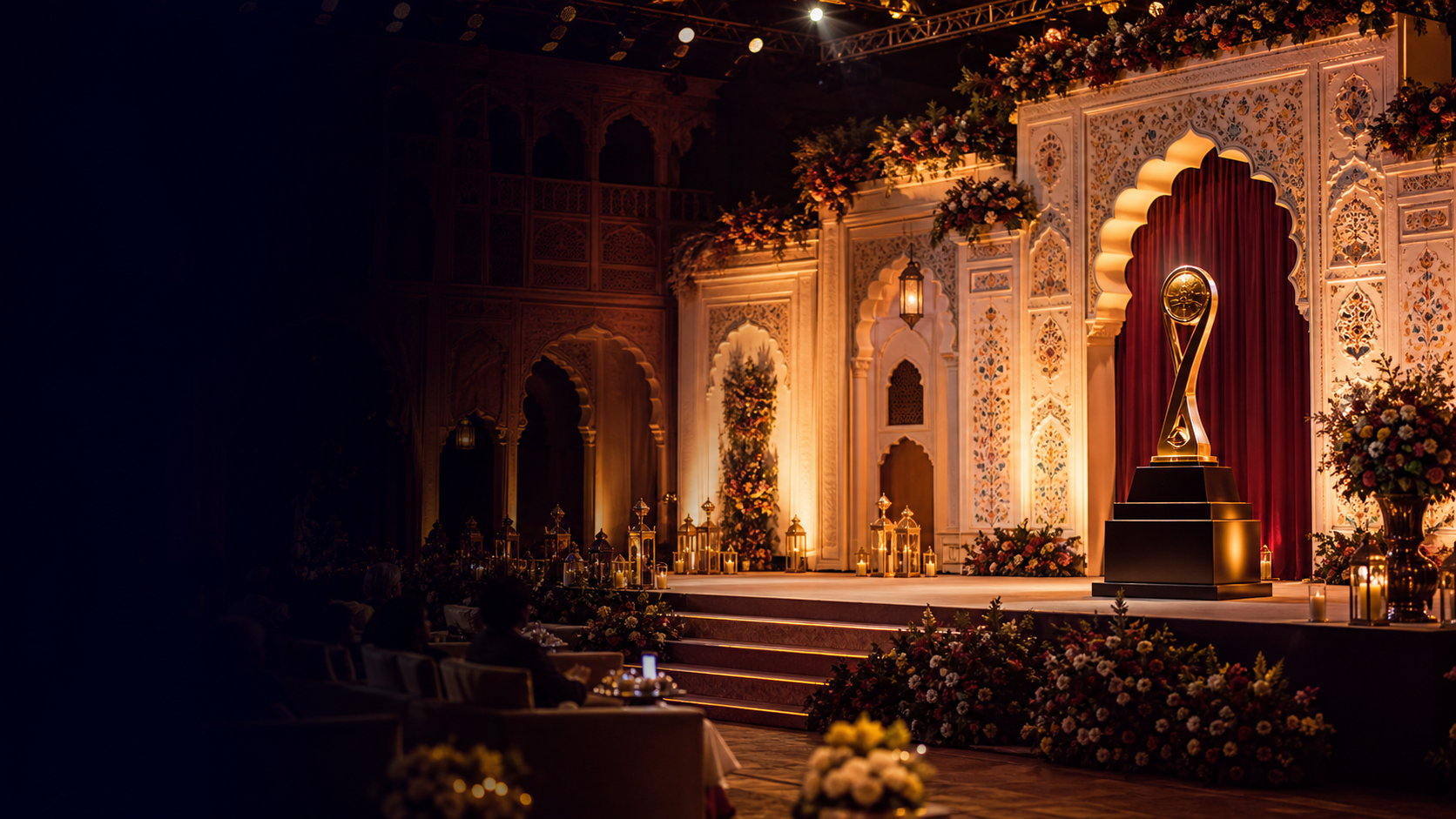 An elegant heritage-inspired awards ceremony stage with warm lighting